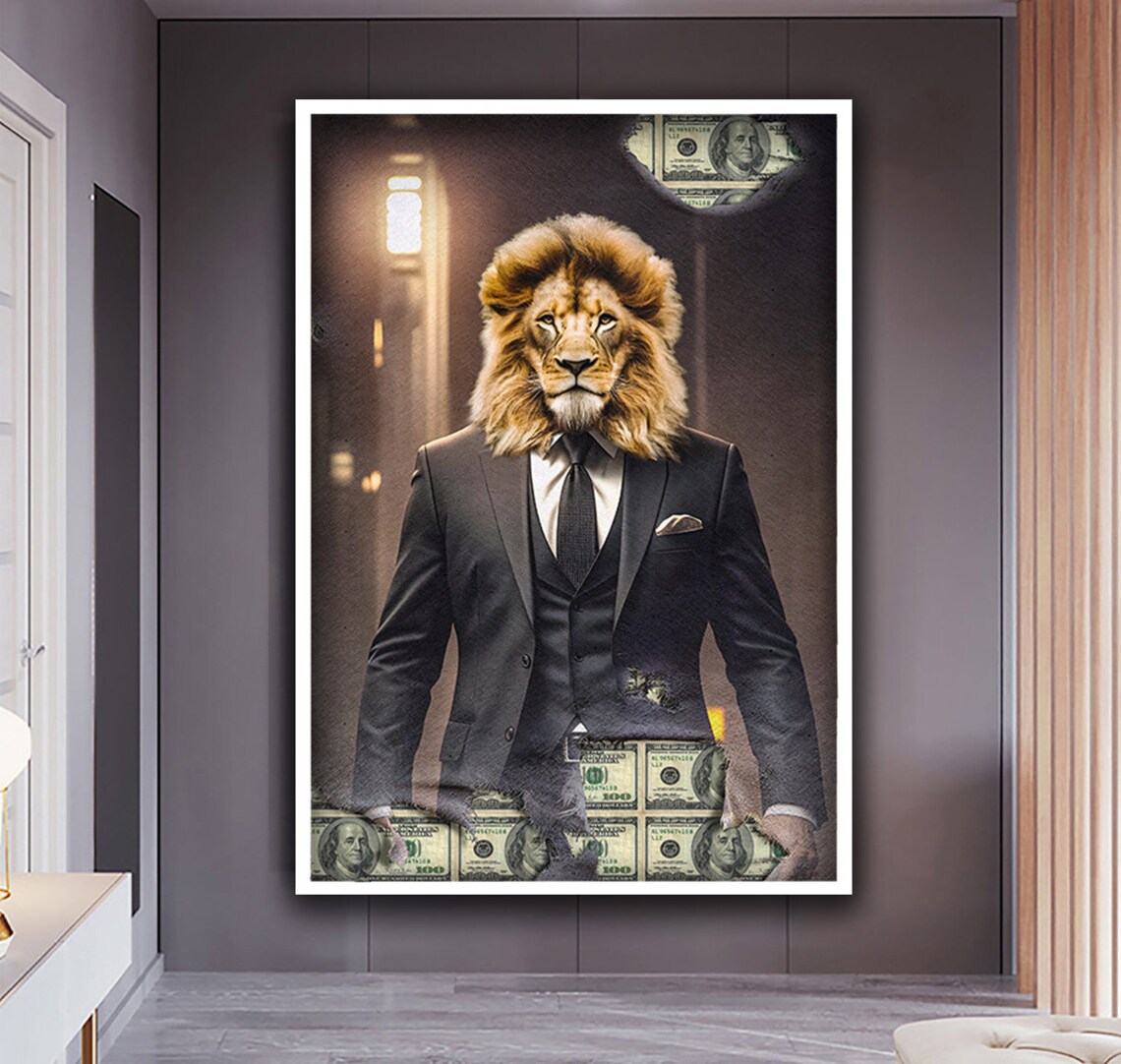 Lion In Business Suit Money Boss Torn Poster Motivational Animal Art Poster - Image 4