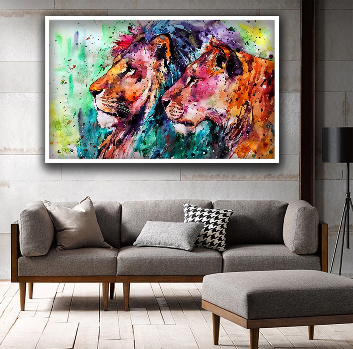 Colorful Watercolor Lion And Lioness Pair Vibrant Wildlife Art Poster - Image 3