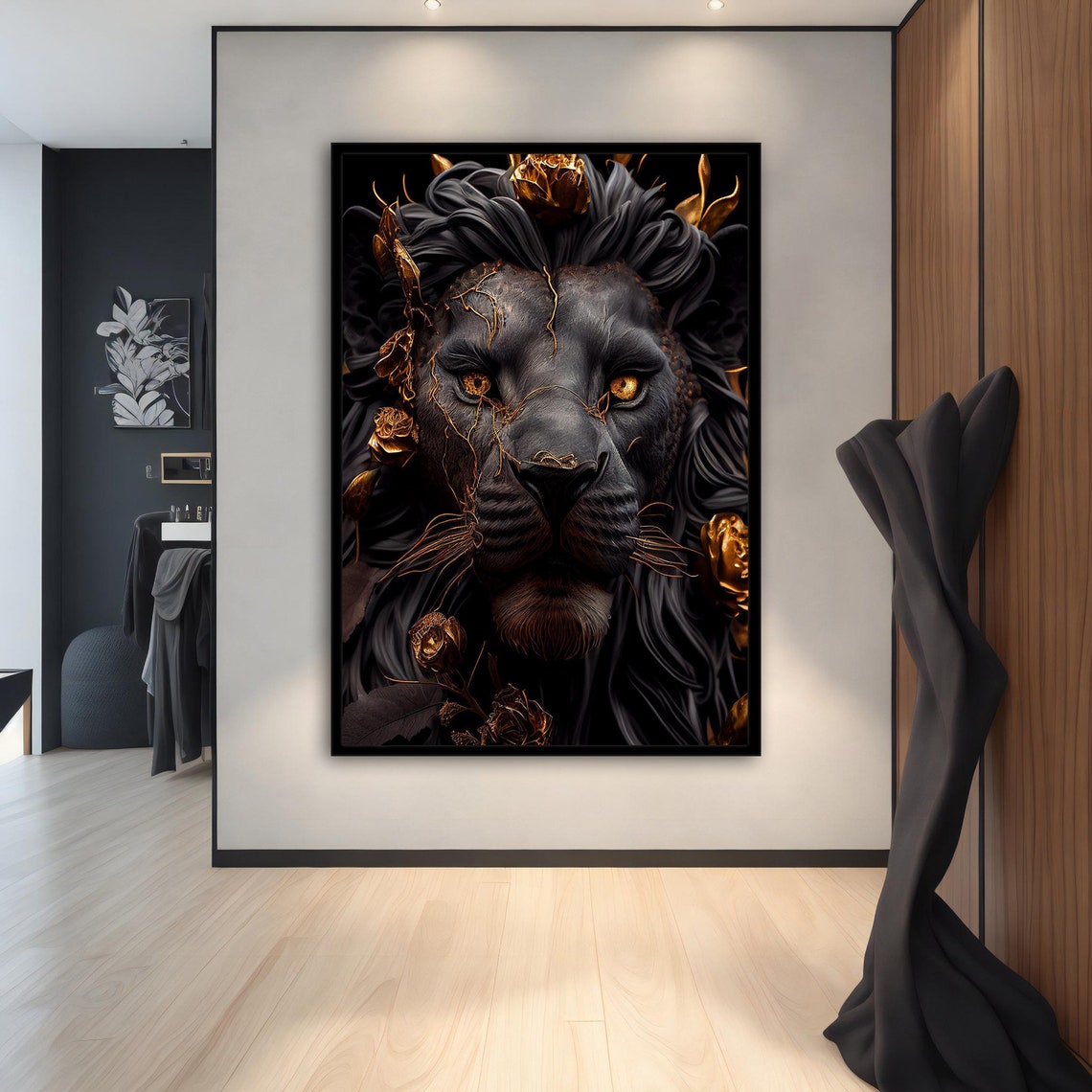 Black Lion Golden Roses Luxe Dark Floral Animal Wall Art Poster - Image 2