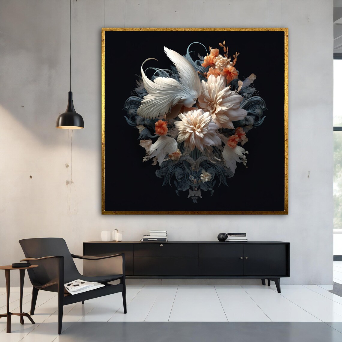 White Flowers White Bird Black Background Ornate Baroque Art Poster - Image 4