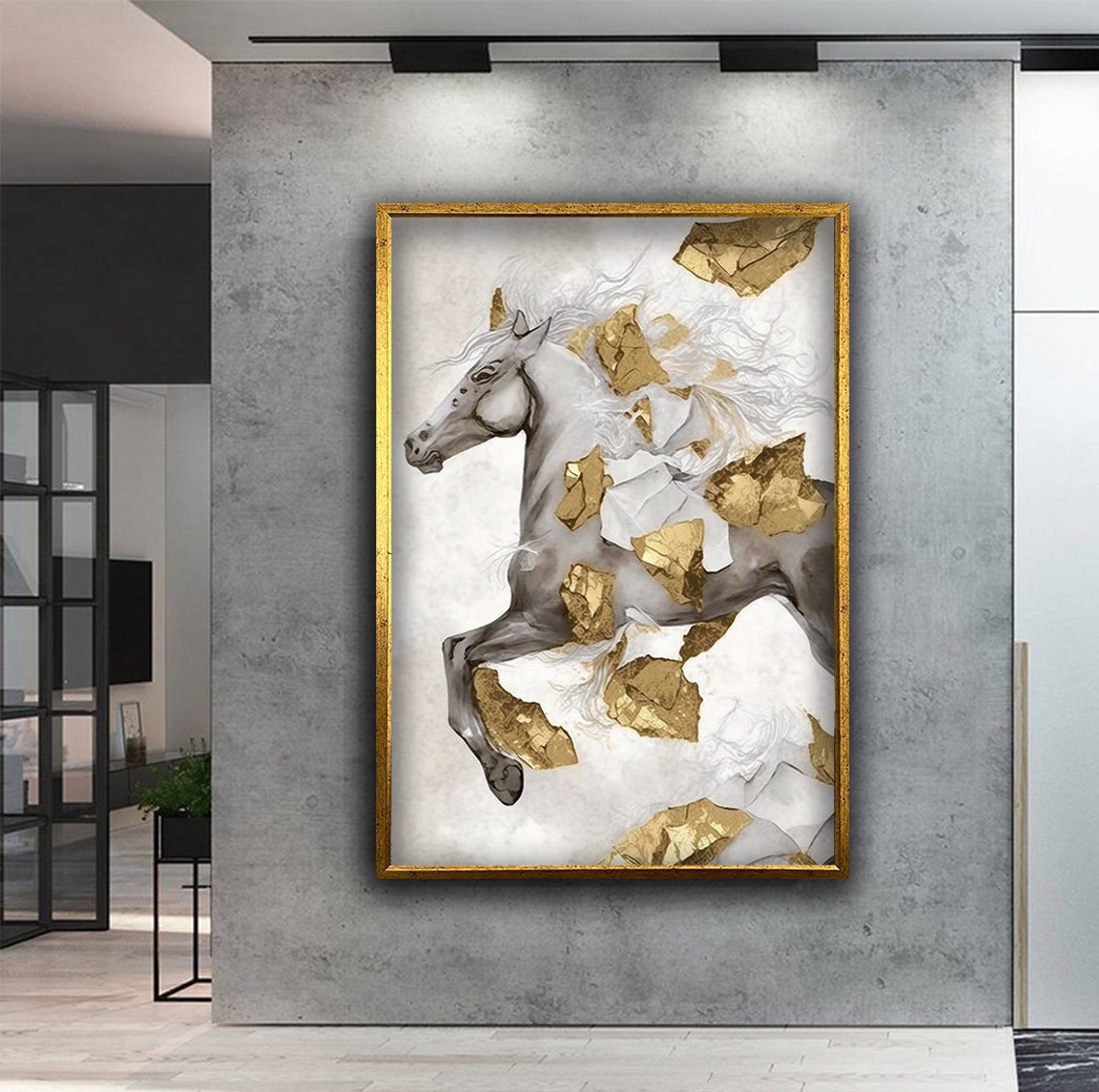 White Horse Wall Art Gold Detailed Wall Art Bucking Horse Print Horse Painting Farmhouse Art Print Animal Art