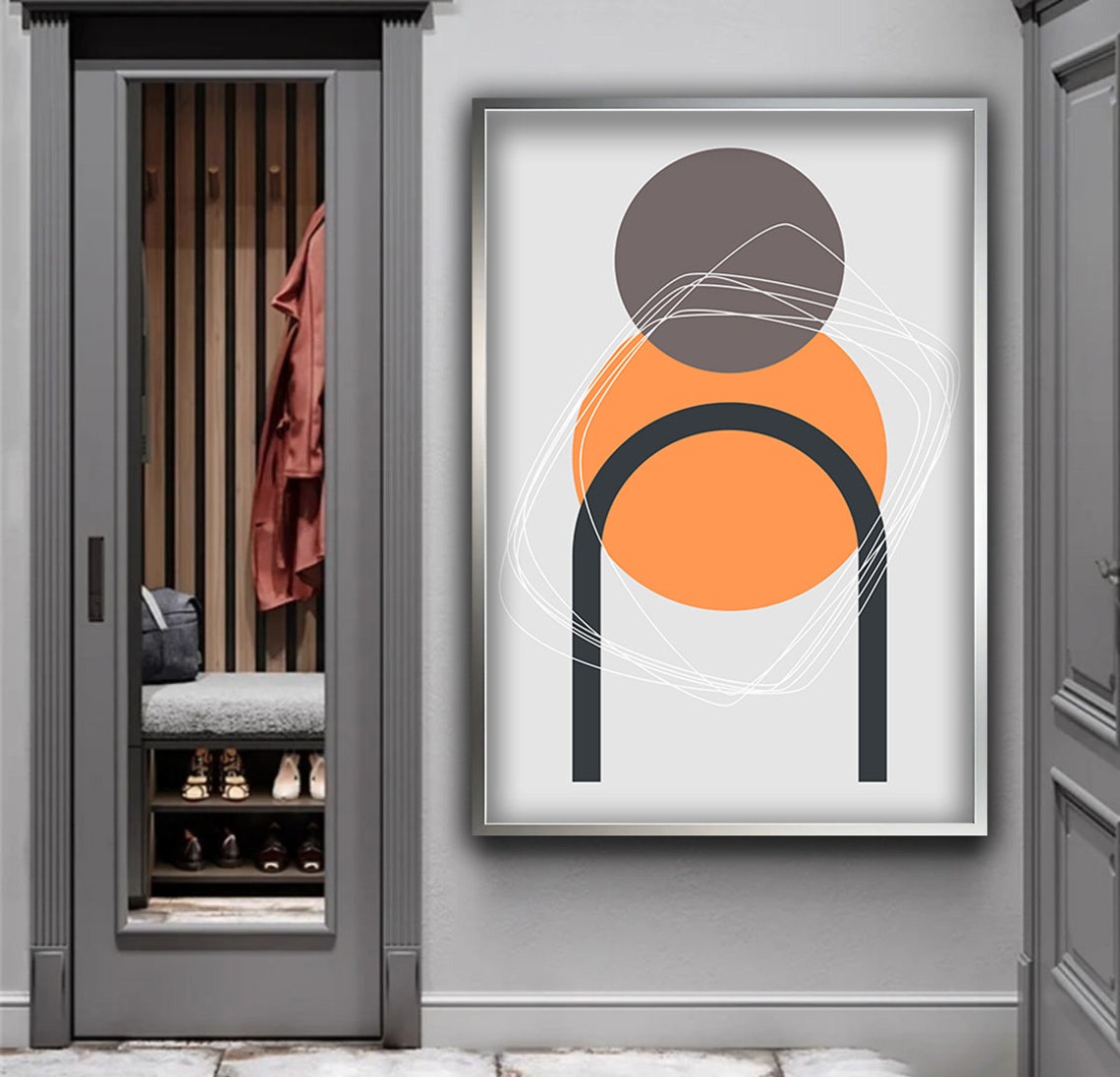 Boho Geometric Line Art Orange Grey Minimalist Circle Arch Print - Image 5
