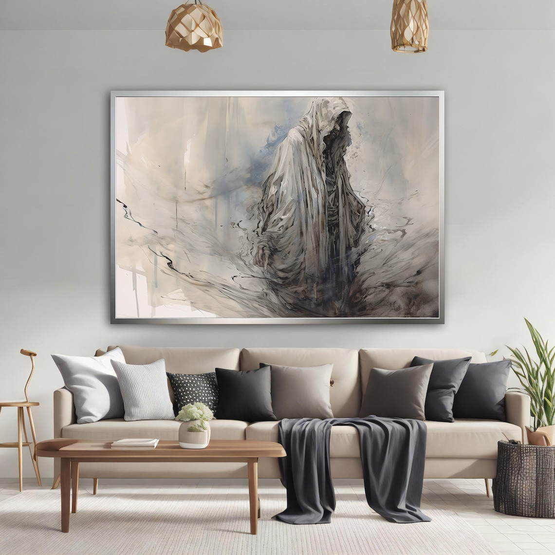 Ghostly Grim Reaper Hooded Figure Soft Watercolor Gothic Art Poster