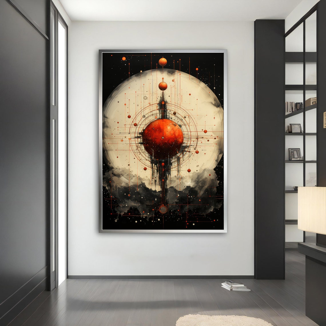 Cosmic Red Planet Orbit Rings Cream Moon Black Space Art Poster - Image 5