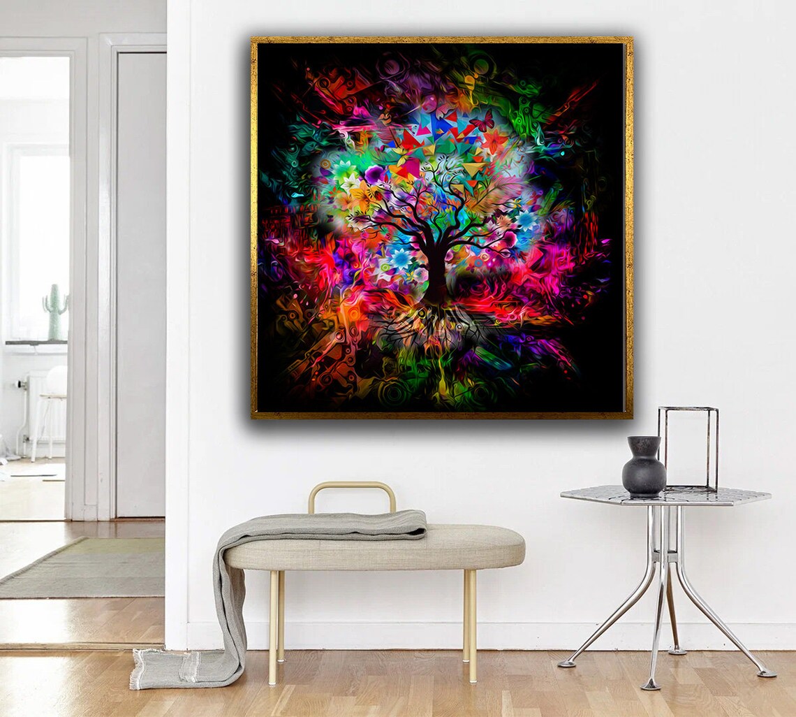 Vibrant Tree Of Life Explosion Neon Colors Abstract Black Art Poster - Image 4