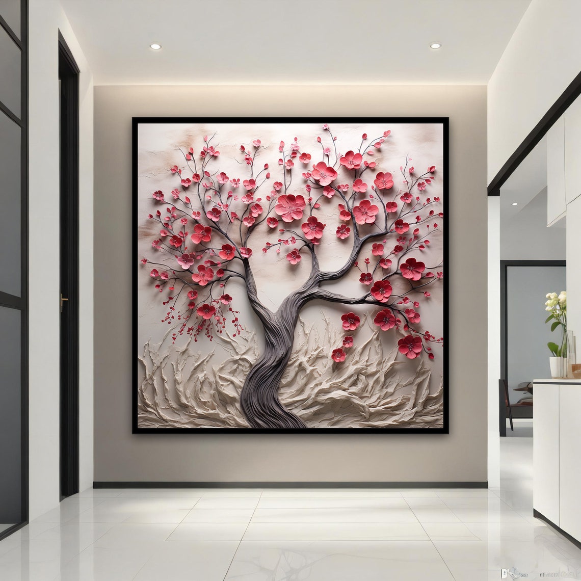 Red Blossom Tree 3D Relief Cream Floral Sculpted Wall Art Poster