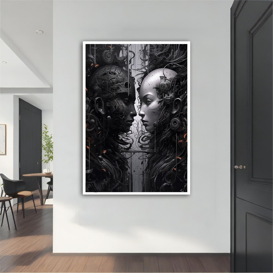 Futuristic Robot Couple Android Faces Sci Fi Digital Wall Art Print