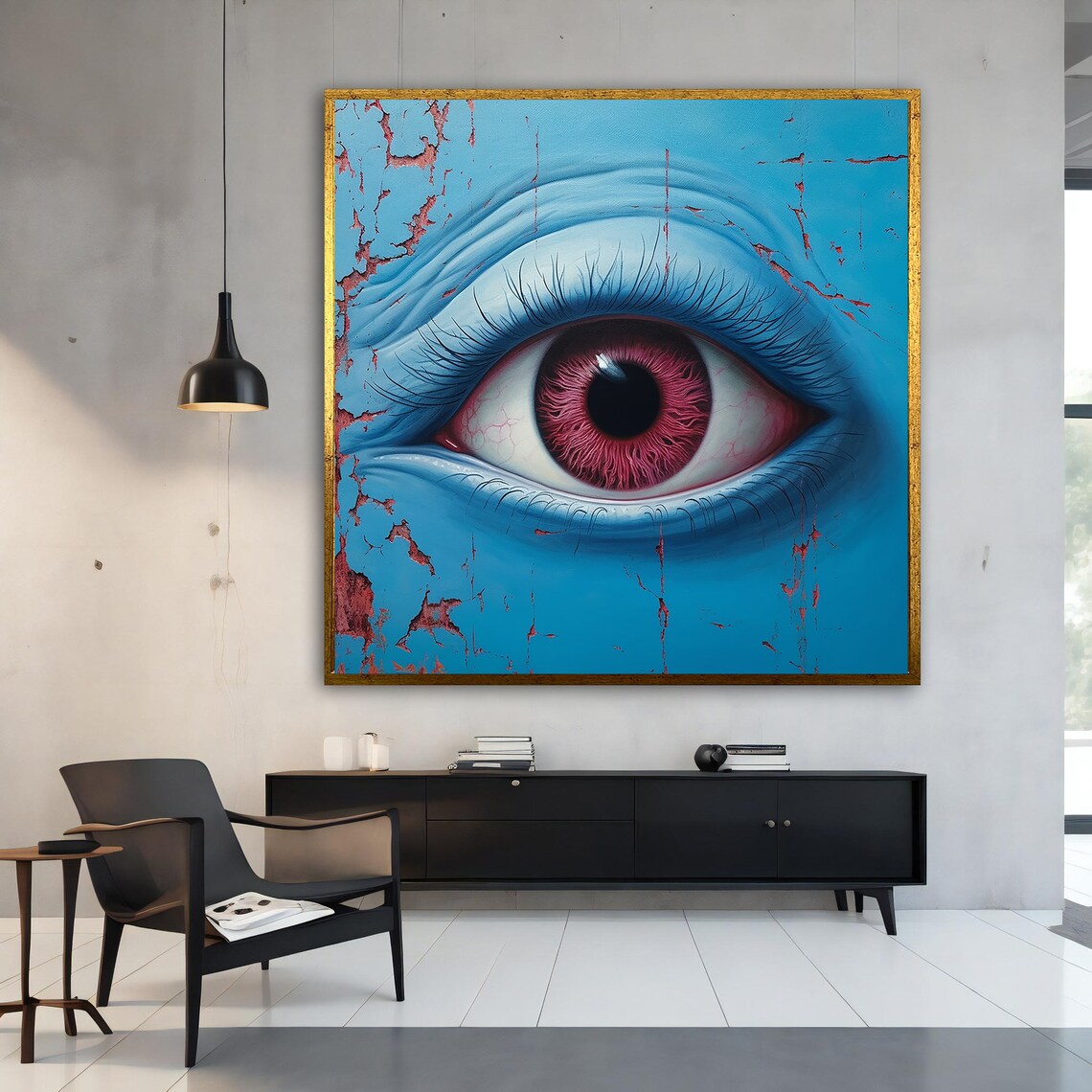 Giant Red Eye on Cracked Blue Skin Surreal Abstract Wall Art Poster - Image 4