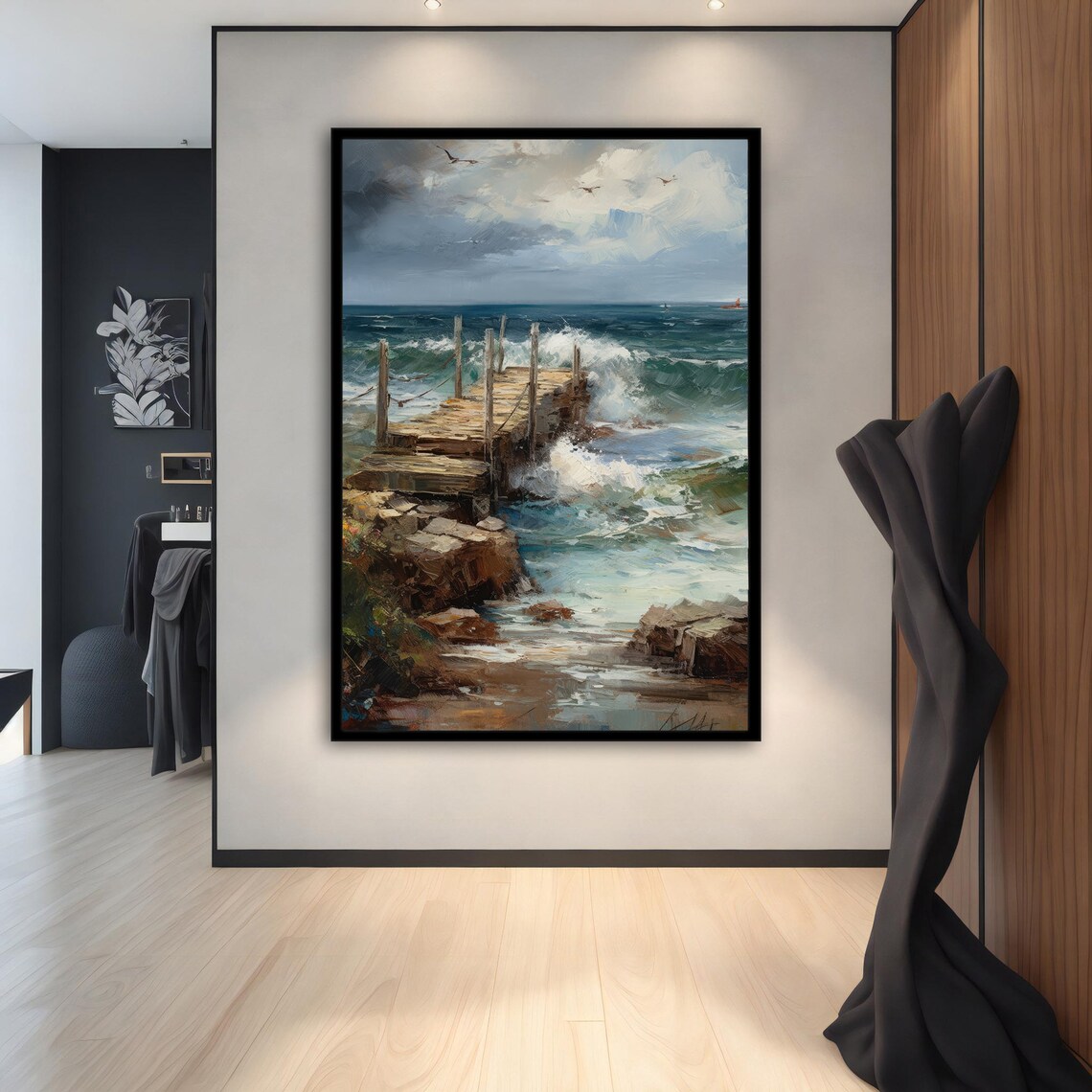 Rocky Ocean Pier Crashing Waves Oil Painting Seascape Wall Art - Image 3