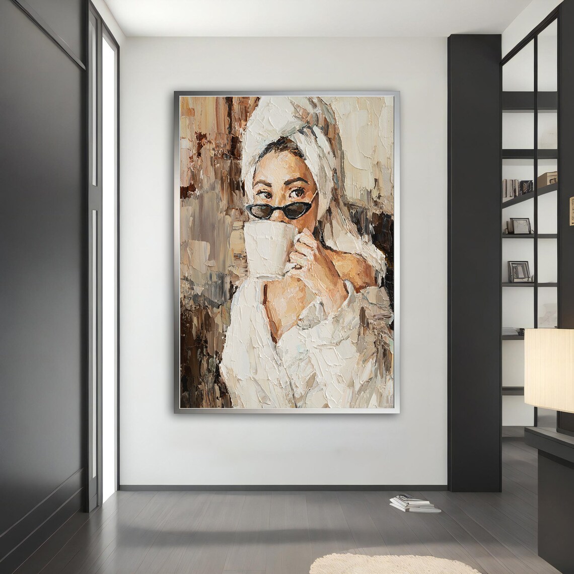 Woman Drinking Coffee Towel Head Neutral Beige Impasto Wall Art - Image 5