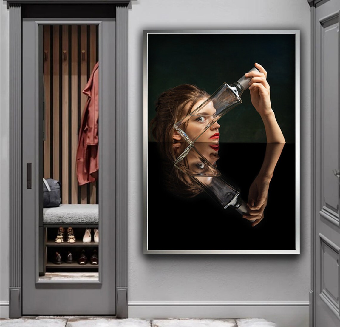 Woman with Glass Bottle Optical Illusion Reflection Surreal Photo Poster - Image 5