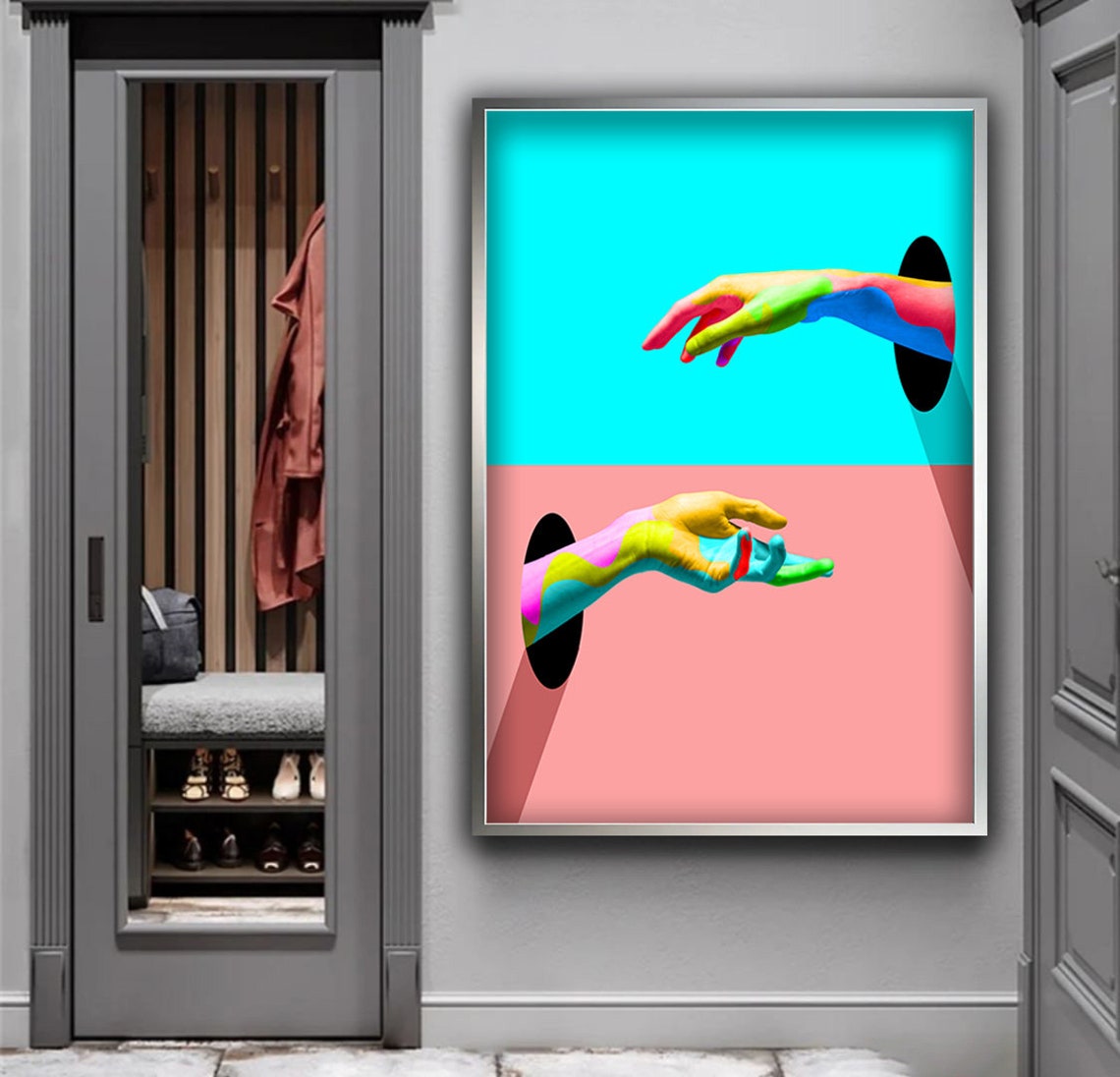 Rainbow Painted Hands Creation of Adam Style Pop Art Modern Poster