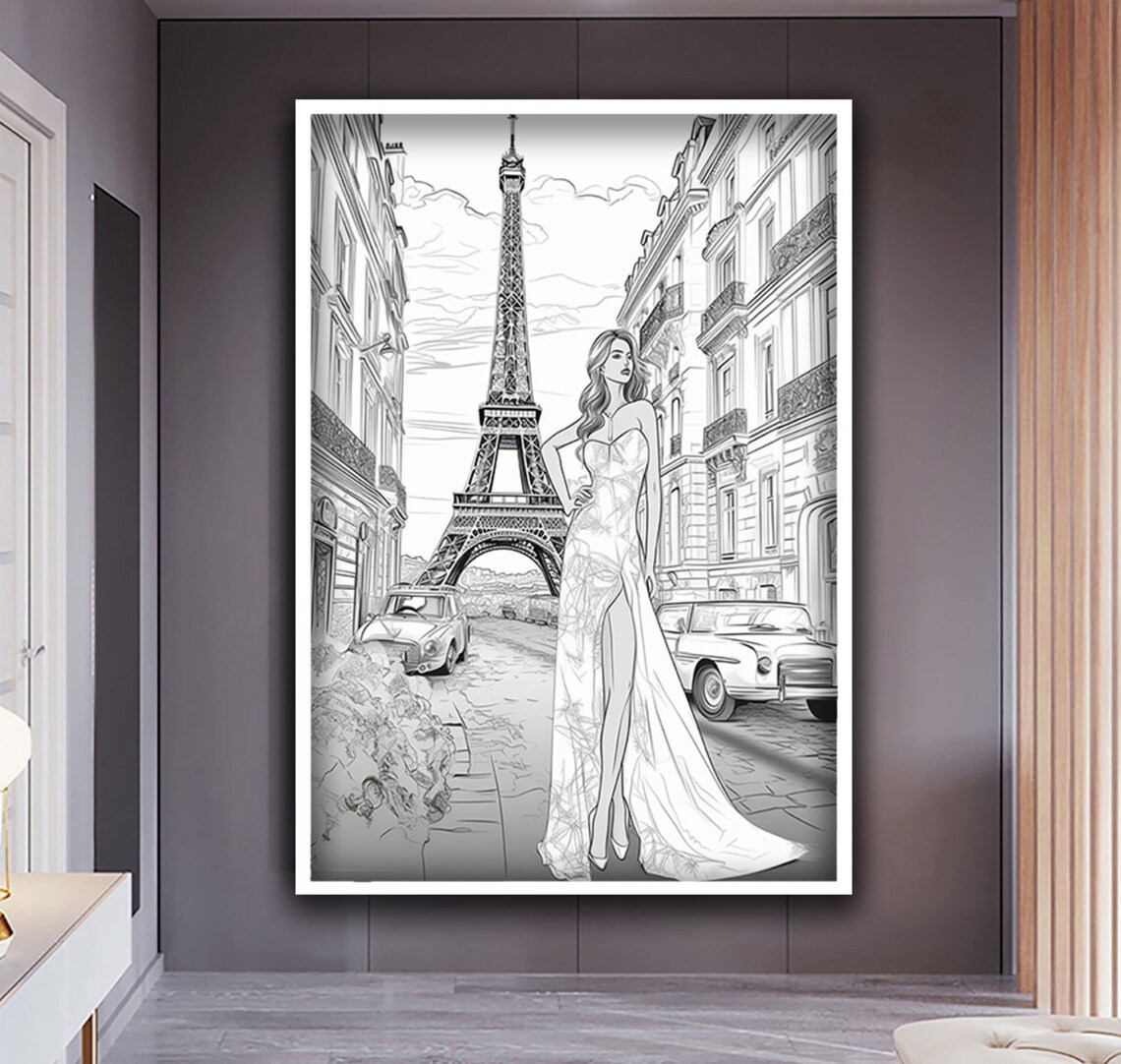 Eiffel Tower Paris Woman Sketch Black White Street Art Poster - Image 3