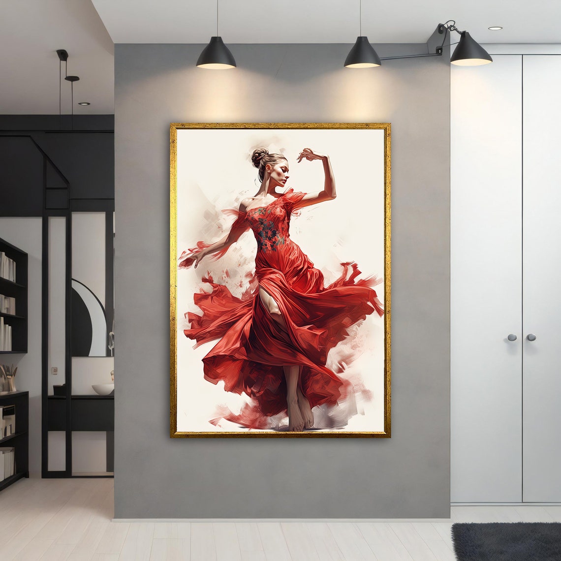 Passionate Flamenco Dancer Red Flowing Gown Painting Dance Art Poster - Image 3