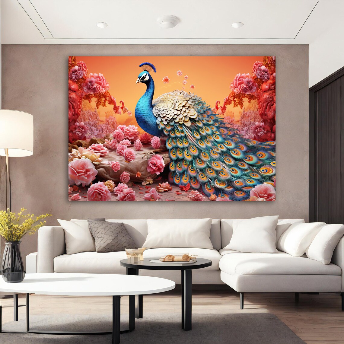 Painting Of Peacock In Pink Roses Floral Peacock Painting Print On Framed Wall Blue Animal Art Artistic Bird Painting - Image 4