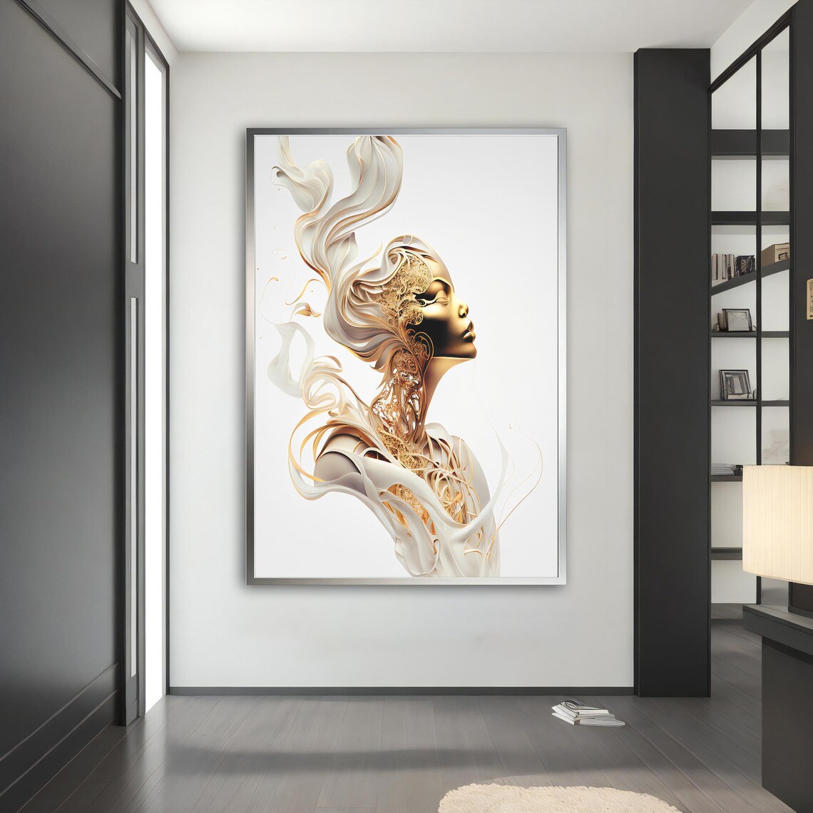 Gold Surreal Woman Profile Ivory Ribbon Luxury Elegant Modern Art Poster - Image 3