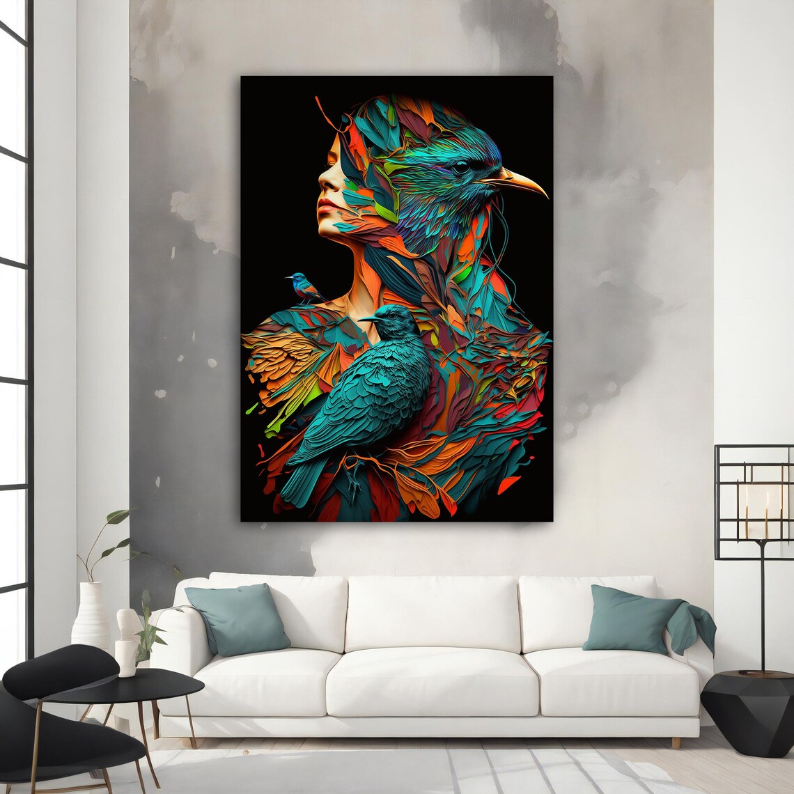 Colorful Bird Woman Surreal Feathers Teal Orange Portrait Wall Art - Image 4