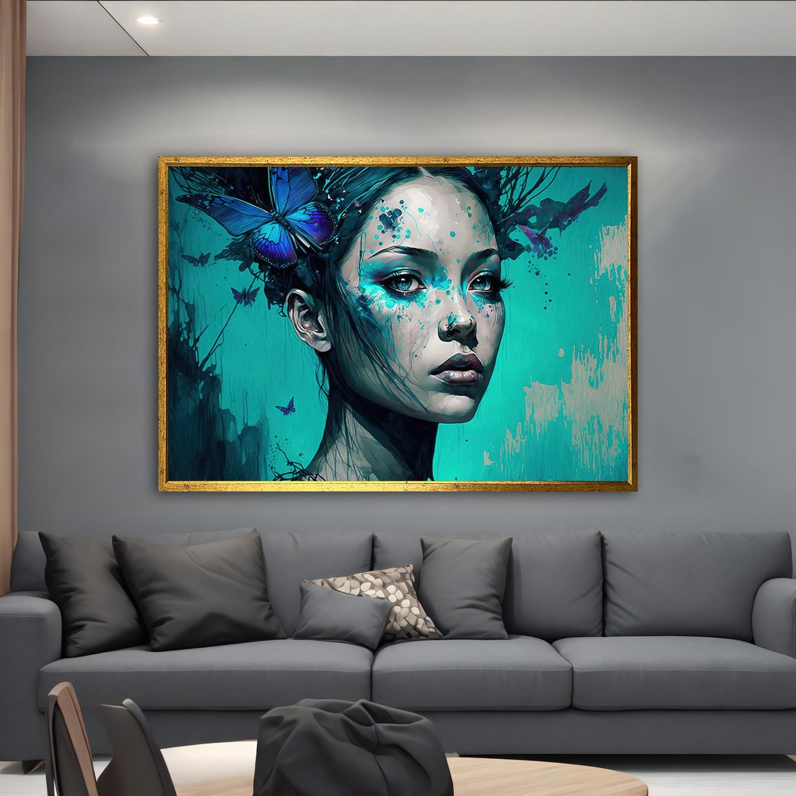 Woman Portrait Art Woman And Butterfly In Blue Wall Art Blue Eyes Woman Wall Art Abstract Girl Paint - Image 4