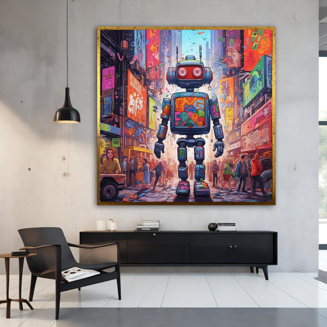 Robot Crowded City Street Graffiti Pop Art Urban Scene Art Poster - Image 3