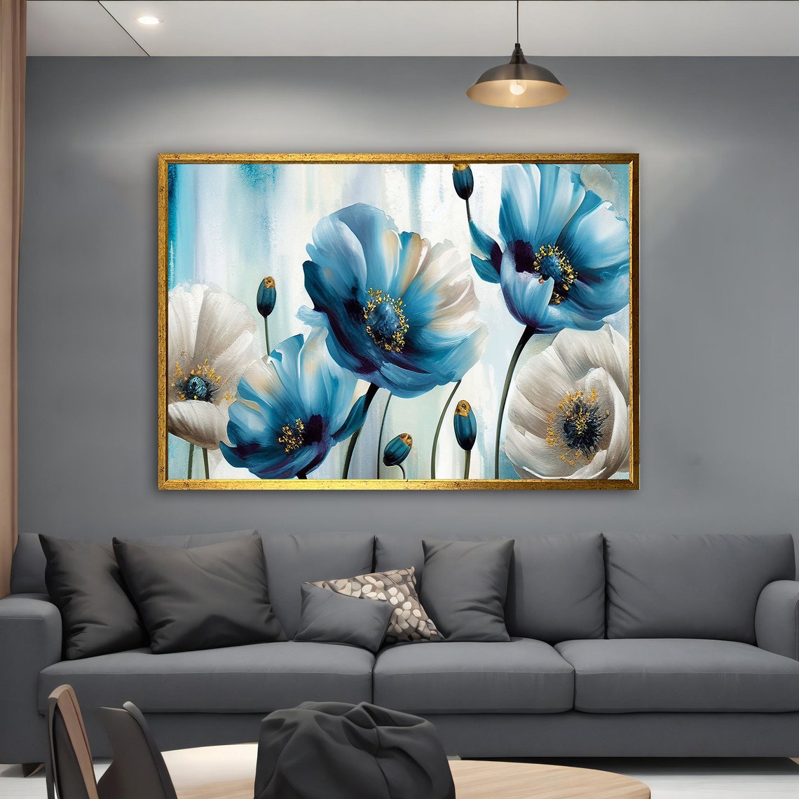 Blue White Poppy Flowers Gold Centers Bright Fresh Floral Poster - Image 2