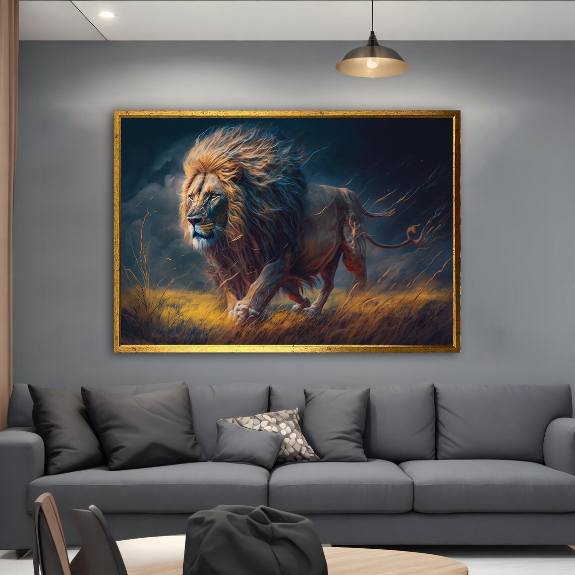 Majestic Lion Running Golden Savanna Night Storm Wildlife Poster
