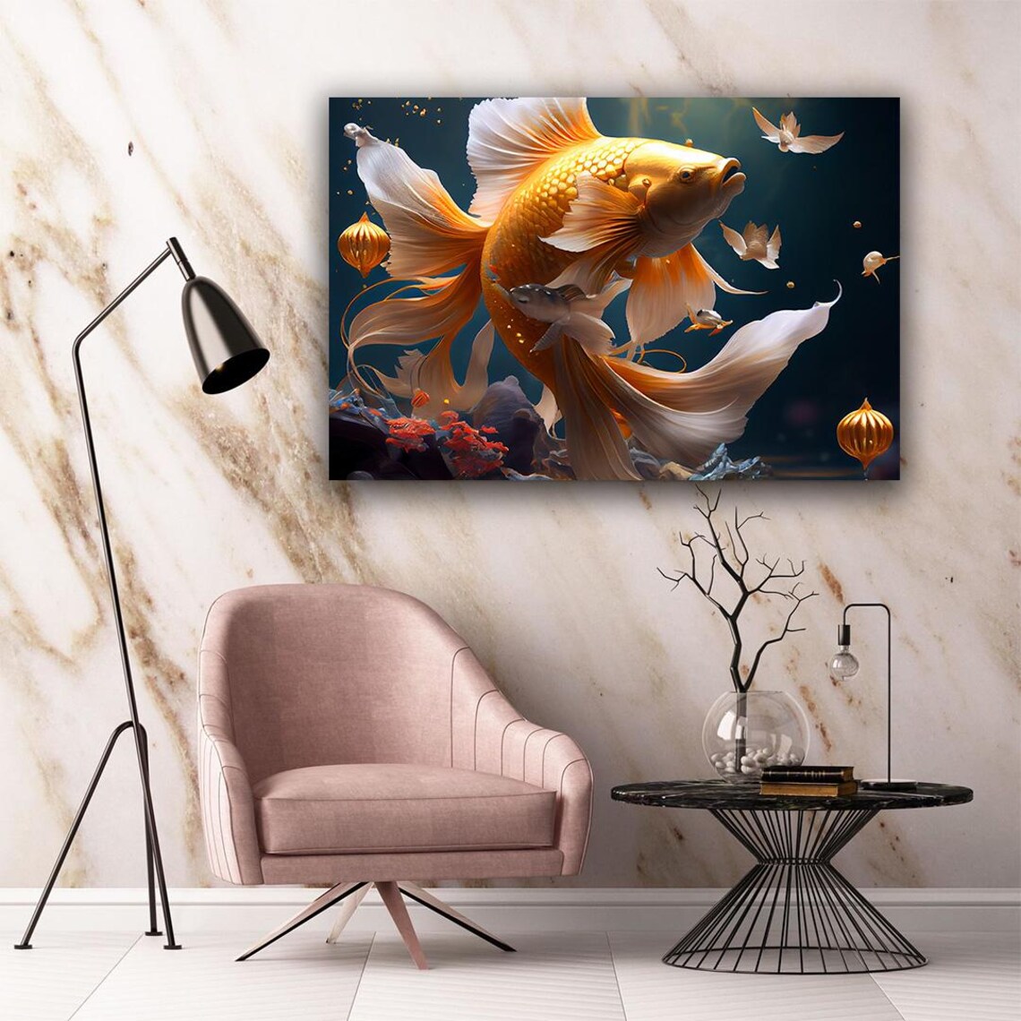 Golden Koi Fish Flowing Fins Deep Blue Water Aquarium Wall Art Poster - Image 5