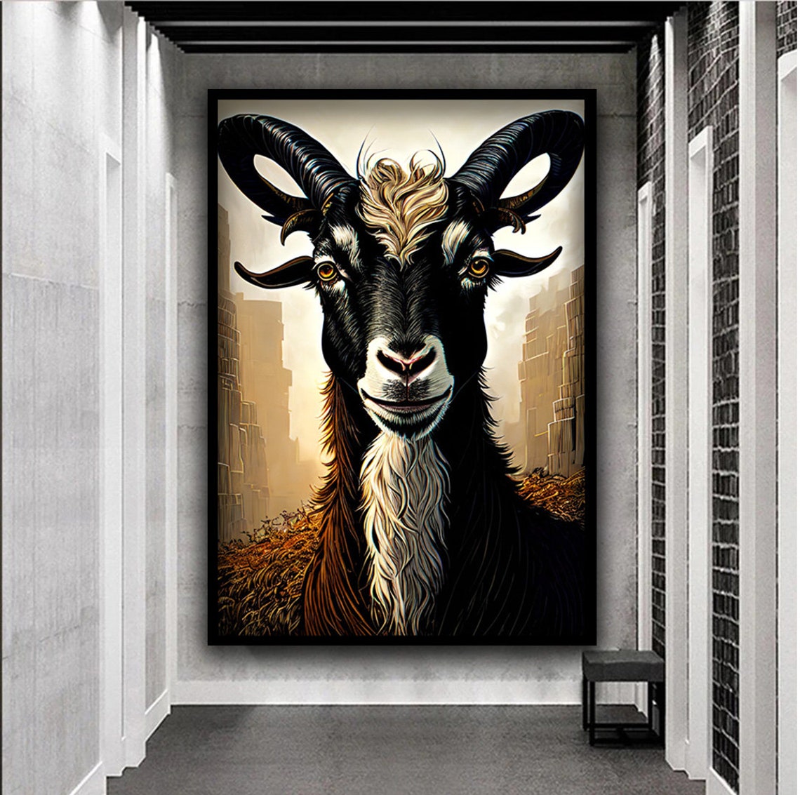 Black Goat Portrait with Curved Horns Golden Beard Farm Animal Poster - Image 4