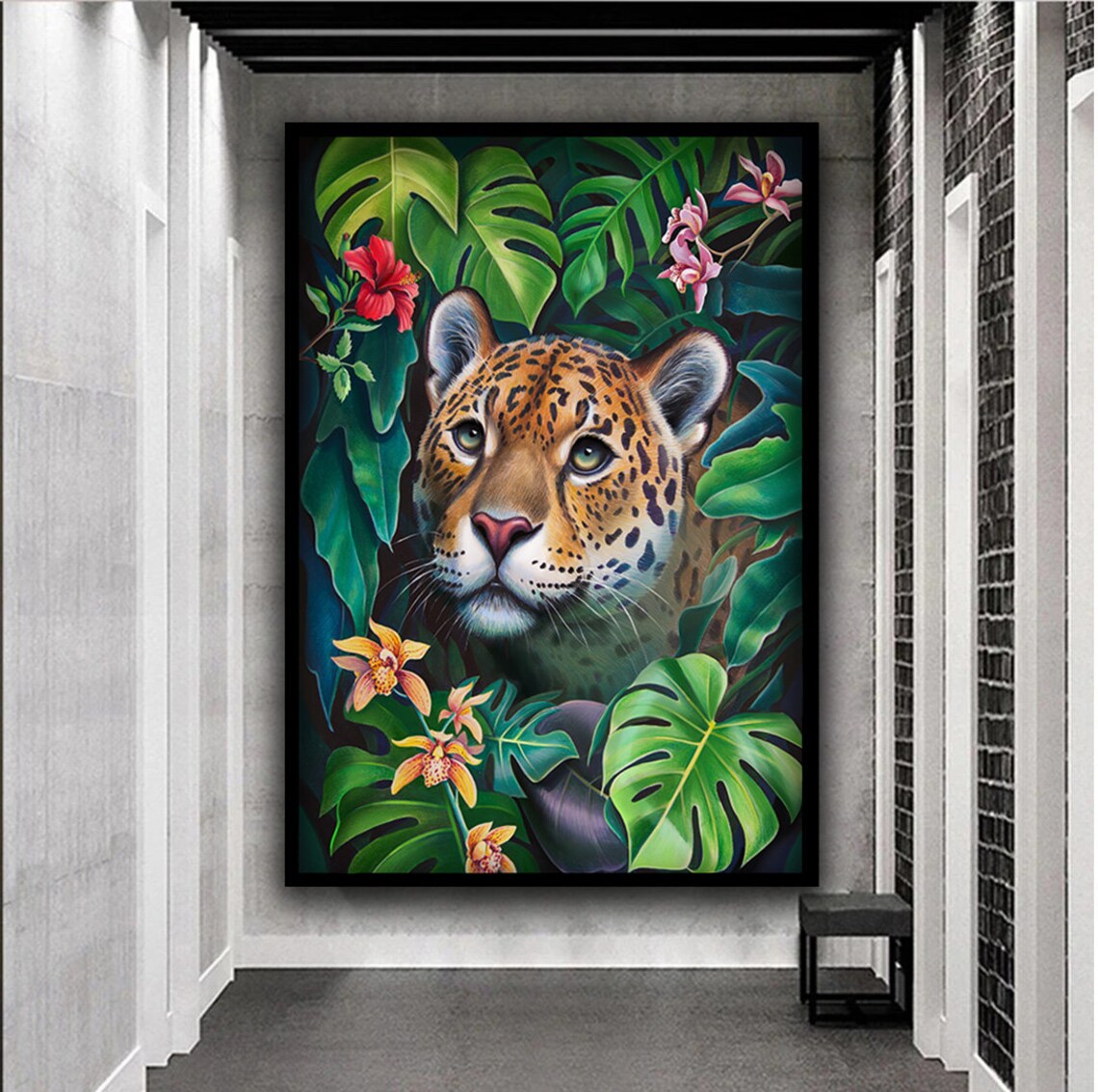Jaguar in Tropical Leaves Orchids Lush Jungle Animal Art Poster - Image 3