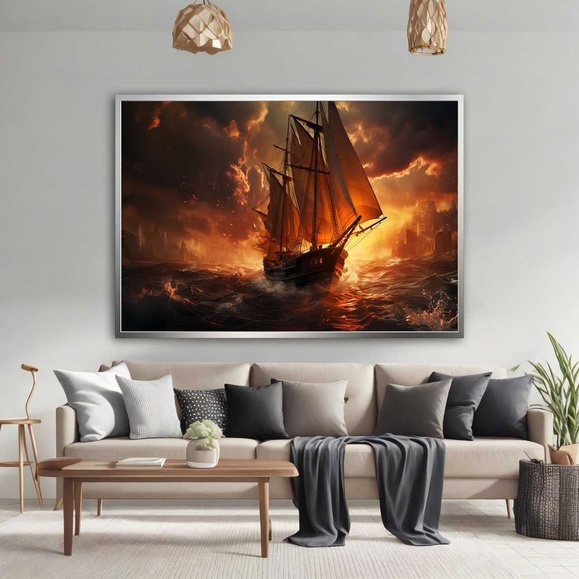 Tall Sailing Ship Fiery Storm Sea Dramatic Sunset Wall Art Poster