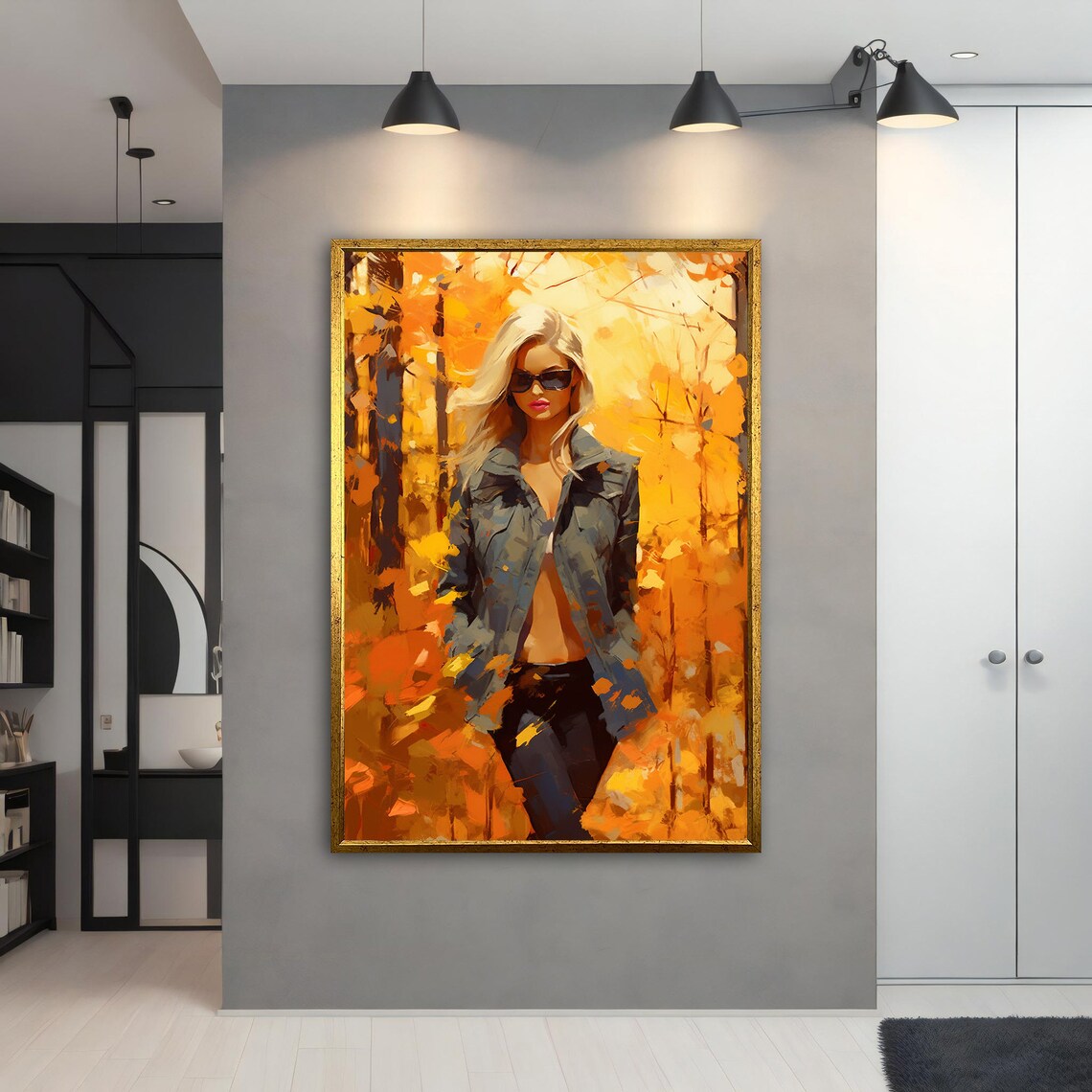Blonde Woman in Golden Autumn Forest Sunglasses Orange Art Poster - Image 4