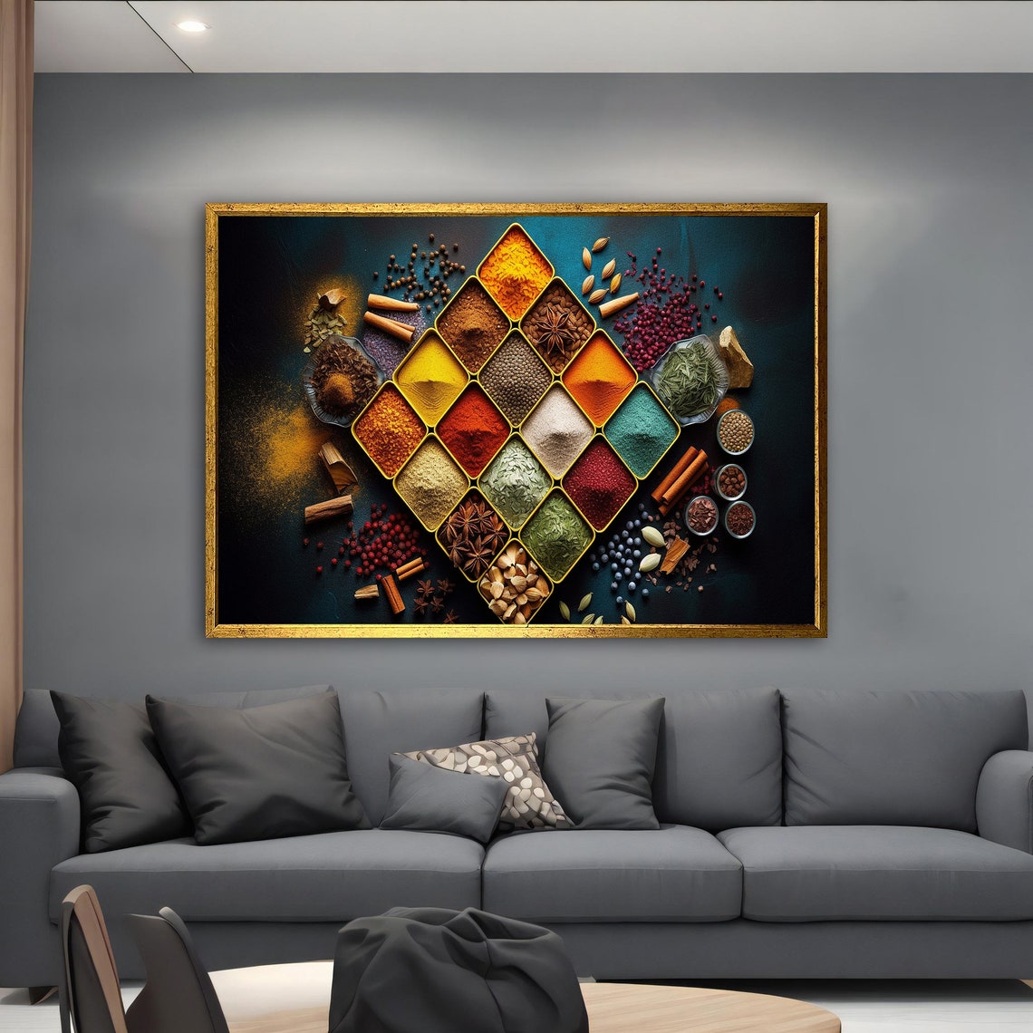 Diamond Pattern of Vibrant Spice Powders with Herbs Top Down Art Print - Image 5