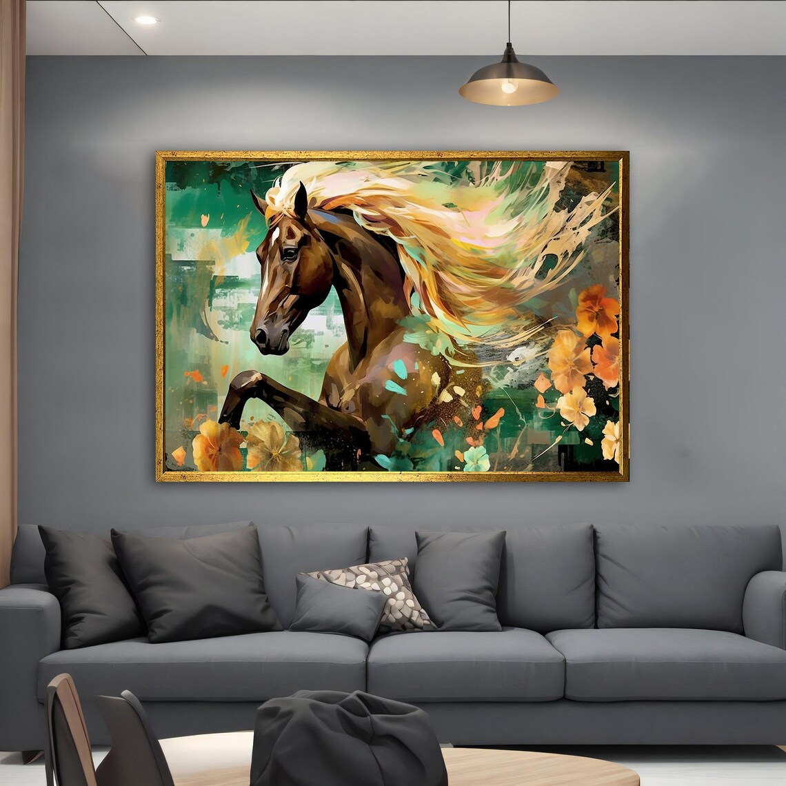 Prancing Brown Horse Flowing Golden Mane Floral Abstract Poster - Image 5