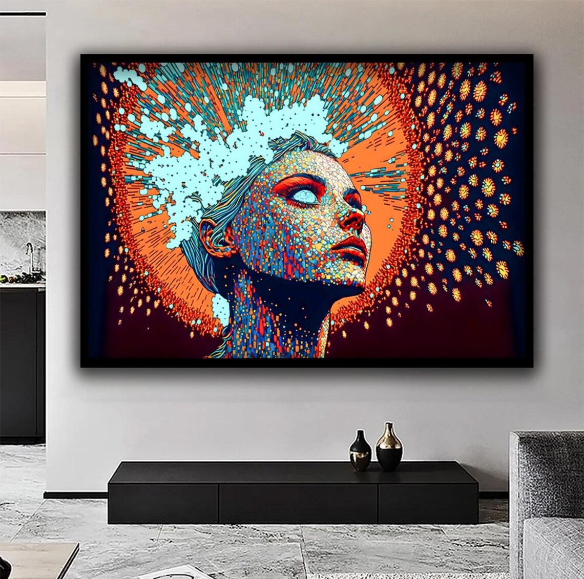 Blue Eyed Woman Mosaic Dot Portrait Fiery Orange Burst Wall Art - Image 4