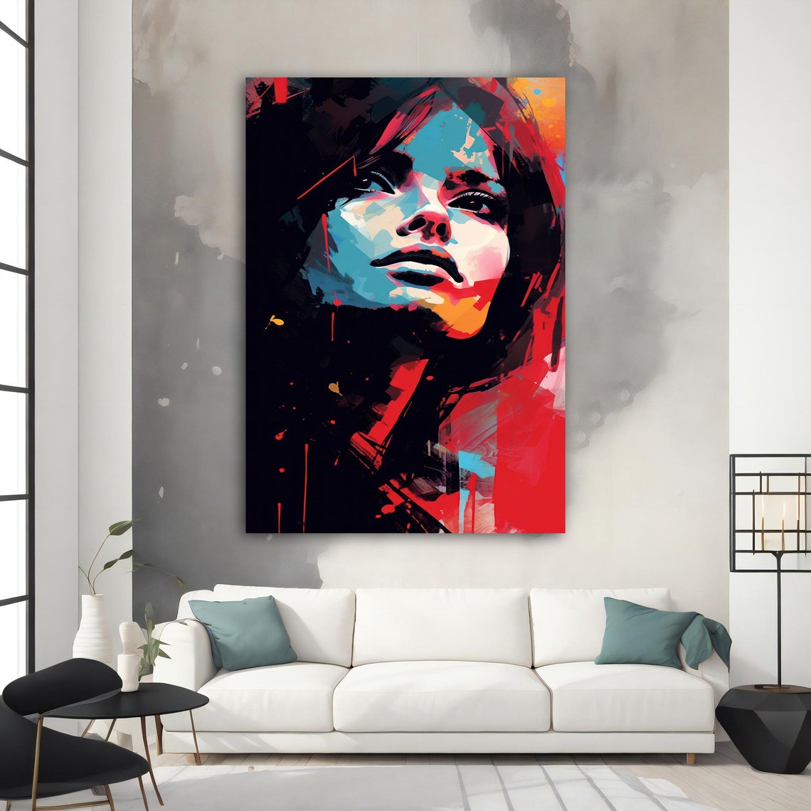 Bold Pop Art Woman Portrait Blue Pink Face Red Splash Wall Art - Image 4