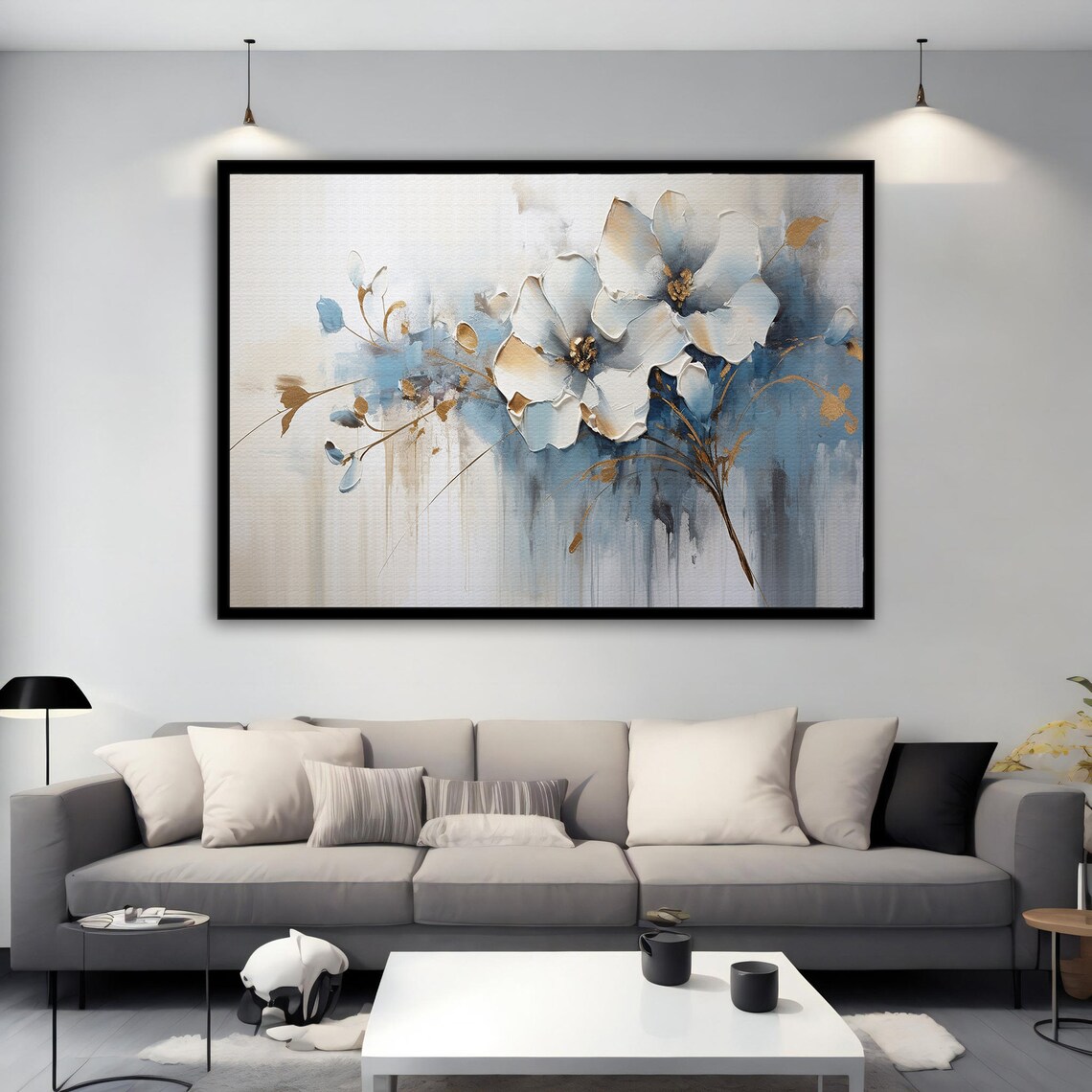 Delicate White Blue Flowers Gold Accents Soft Floral Art Poster - Image 2