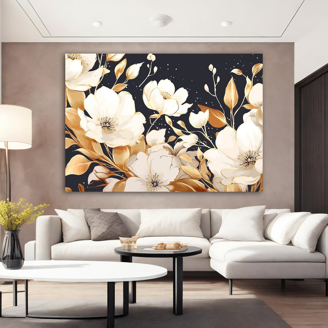 White Magnolia Blossoms Gold Leaves Dark Elegant Floral Poster - Image 3
