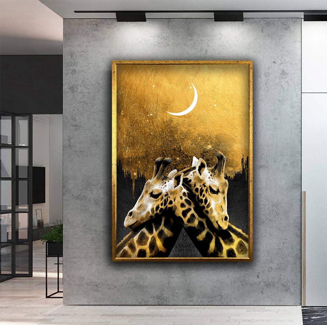 Golden Giraffe Couple Under Crescent Moon Starry Night Safari Art Poster - Image 2