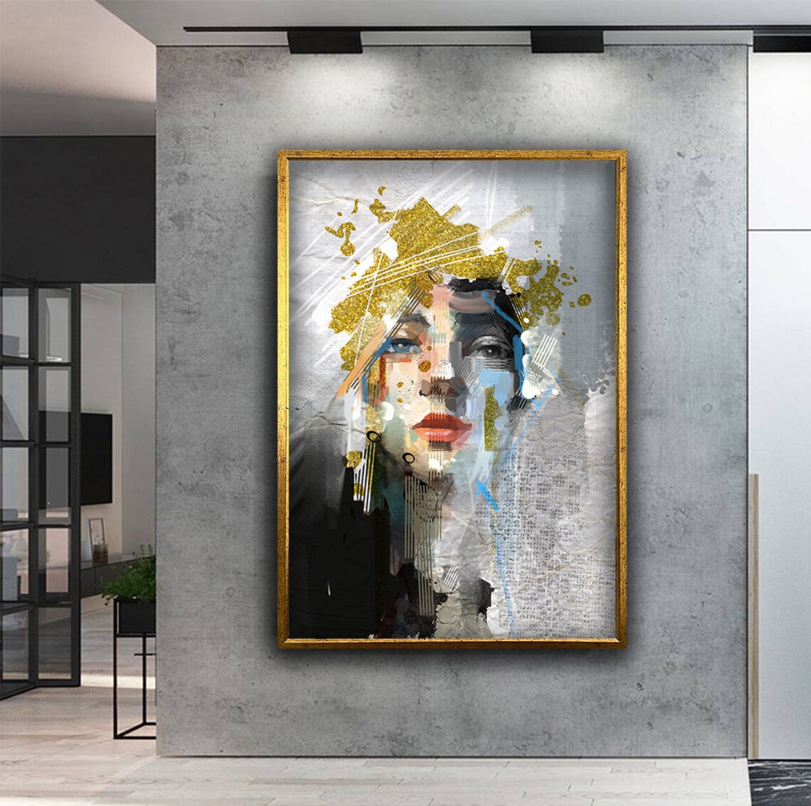 Abstract Woman Portrait with Gold Glitter Accents and Red Lips Poster - Image 2