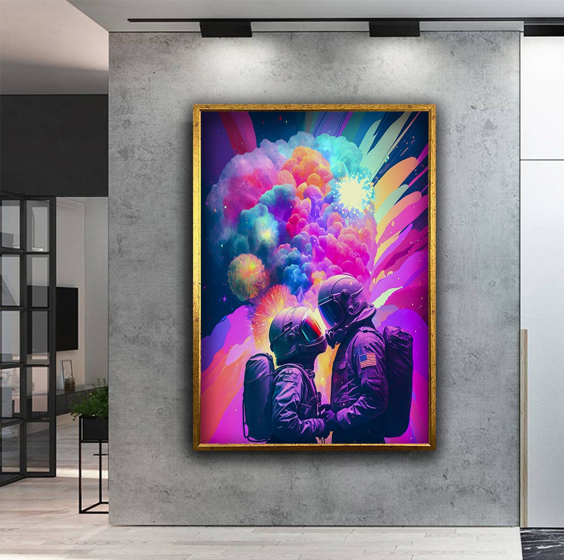 Astronaut Couple Love In Space Colorful Neon Galaxy Art Poster