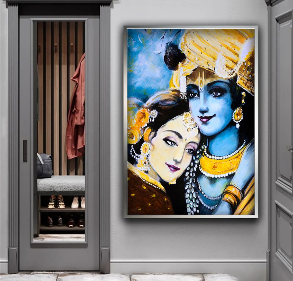 Krishna Radha Embrace Indian Devotional Love Painting Art Poster