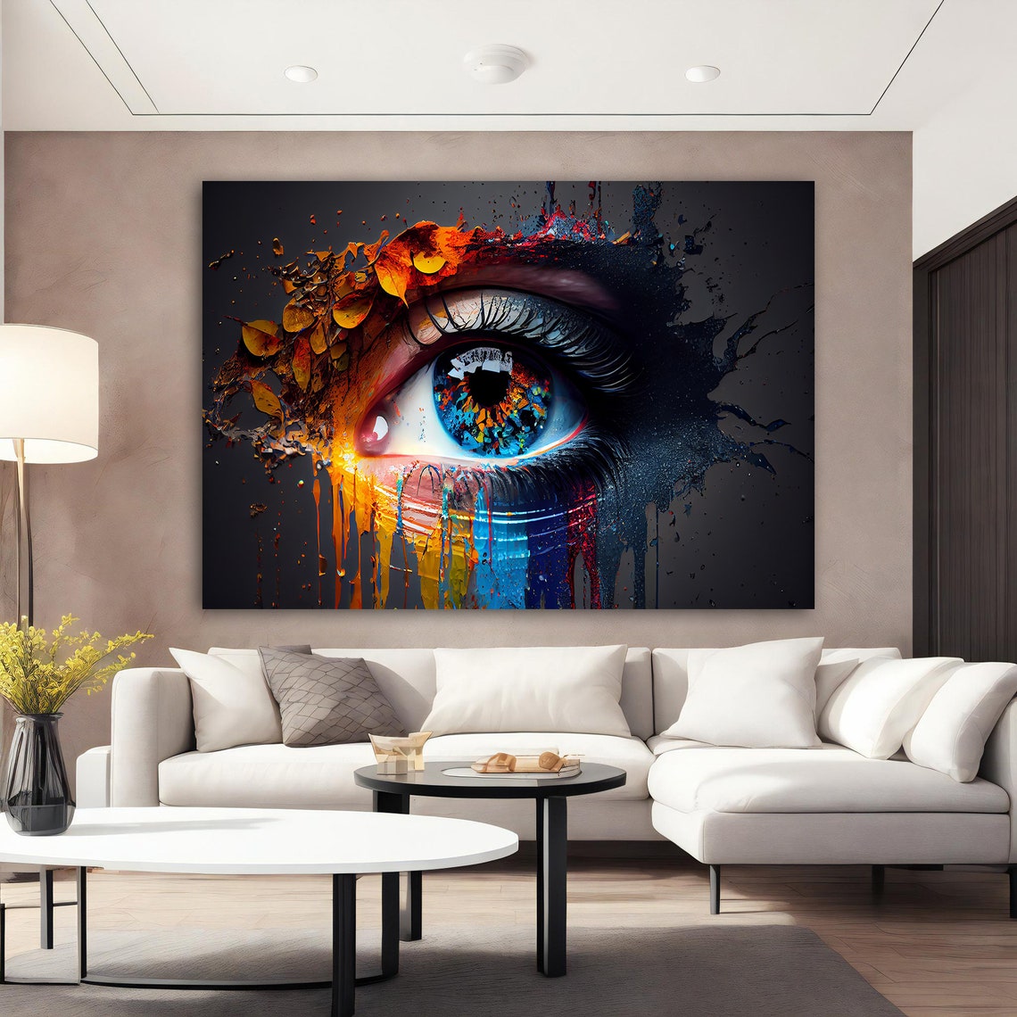 Giant Blue Eye with Splashing Paint Drips on Dramatic Black Poster - Image 2