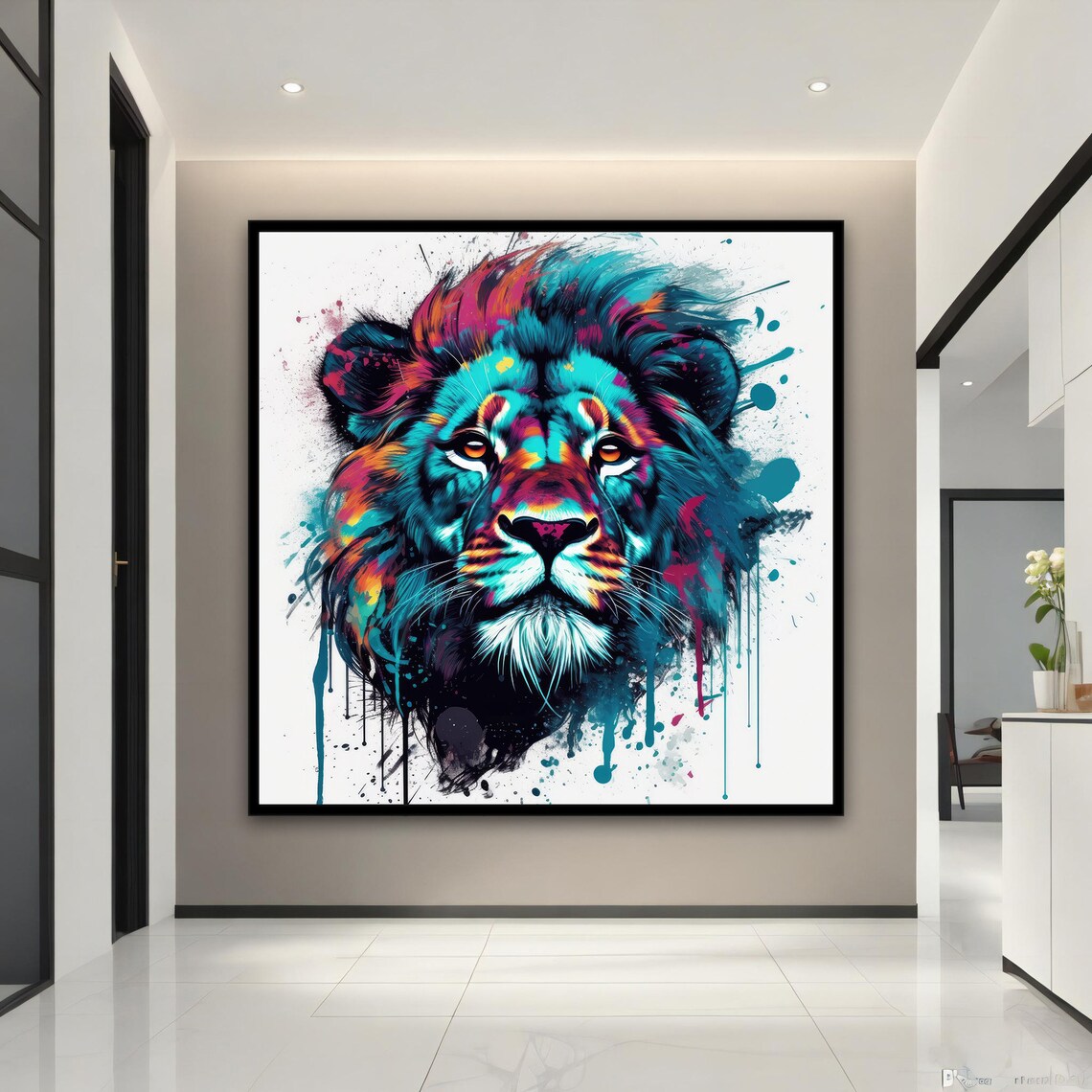 Colorful Lion Splash Art Teal Pink White Background Animal Poster