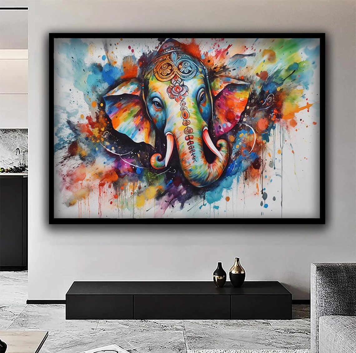 Colorful Indian Elephant Head Watercolor Bohemian Splash Art Wall Print - Image 5
