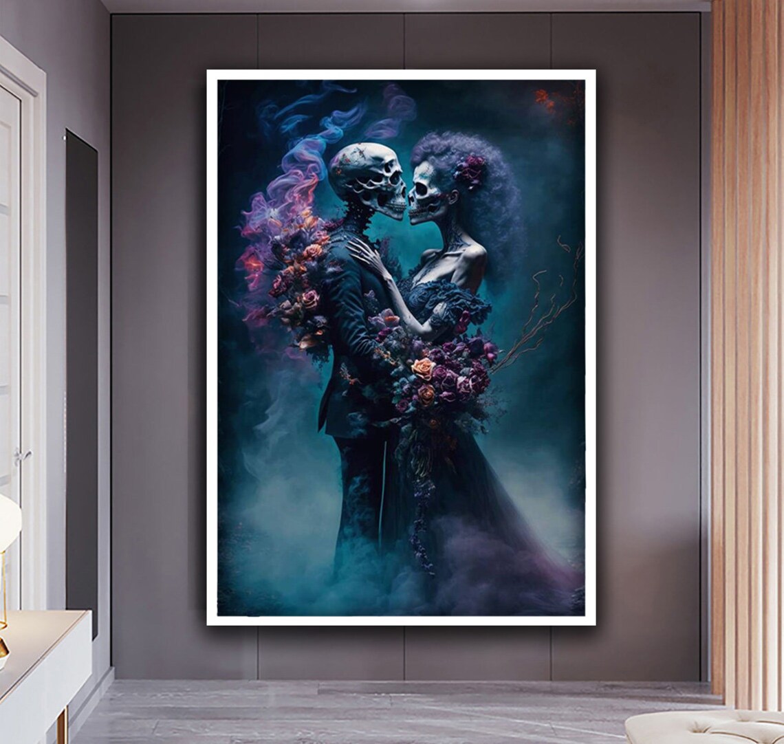 Skeleton Couple Embrace Gothic Love Dark Romantic Skull Art Poster - Image 3