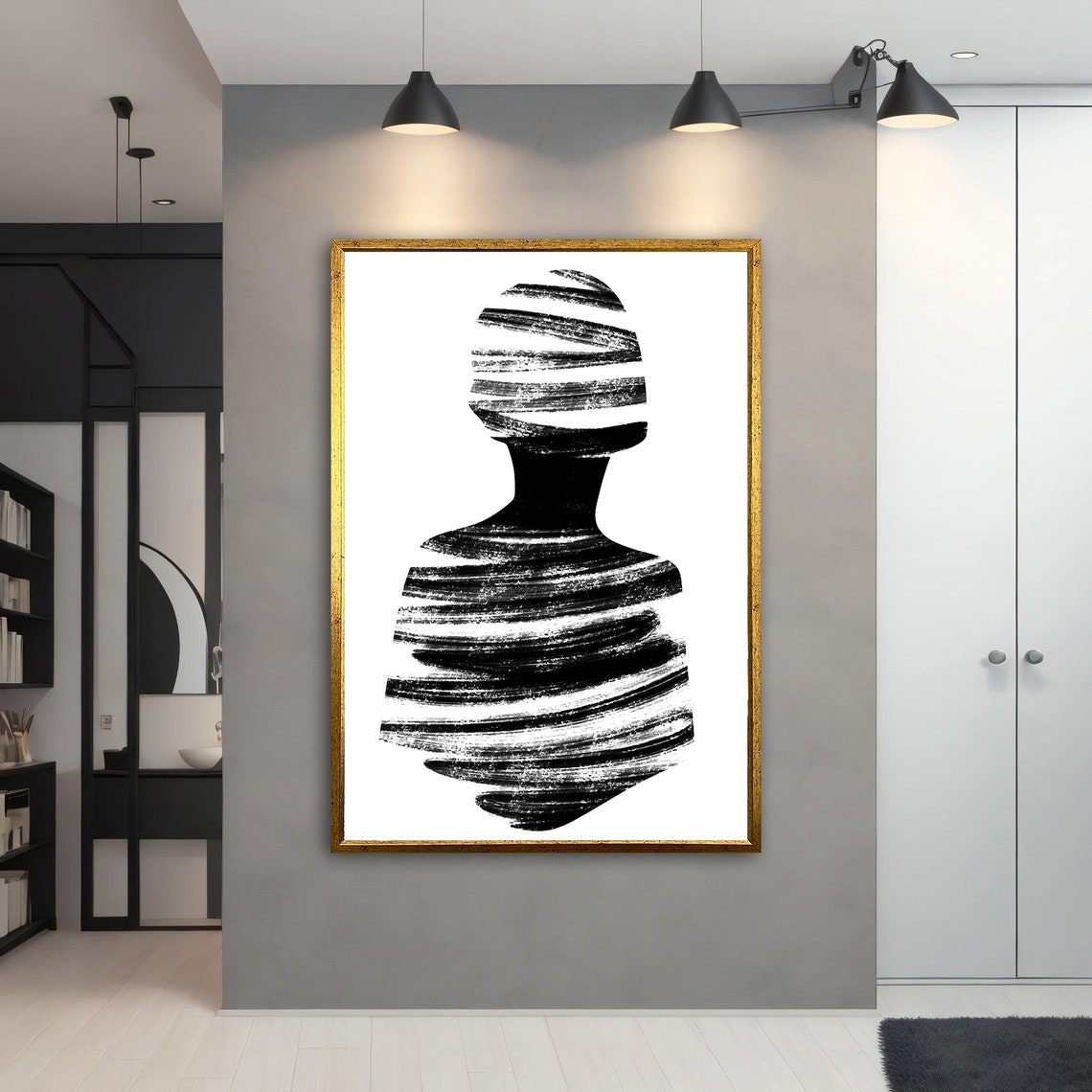 Minimalist Black White Striped Woman Silhouette Abstract Wall Art - Image 3