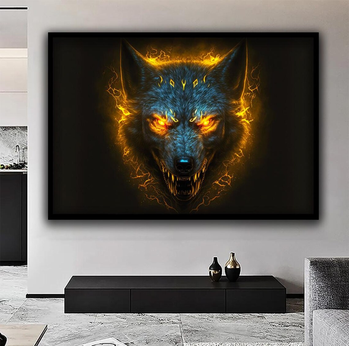Fierce Wolf Fire Eyes Dark Fantasy Predator Spirit Animal Wall Art Poster - Image 3