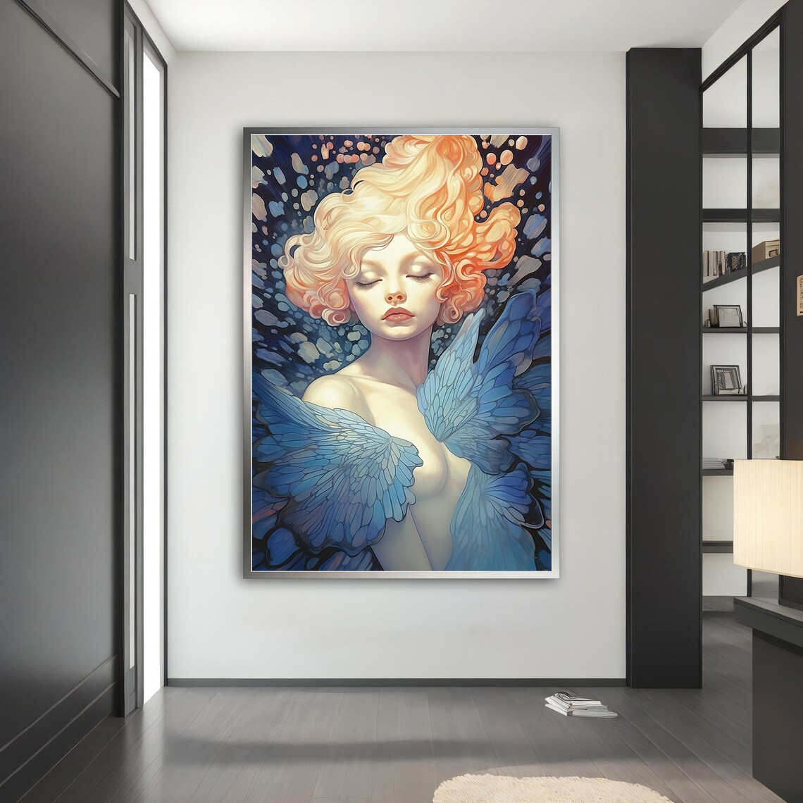 Dreamy Angel Girl Blue Butterfly Wings Glowing Hair Wall Art Print - Image 3