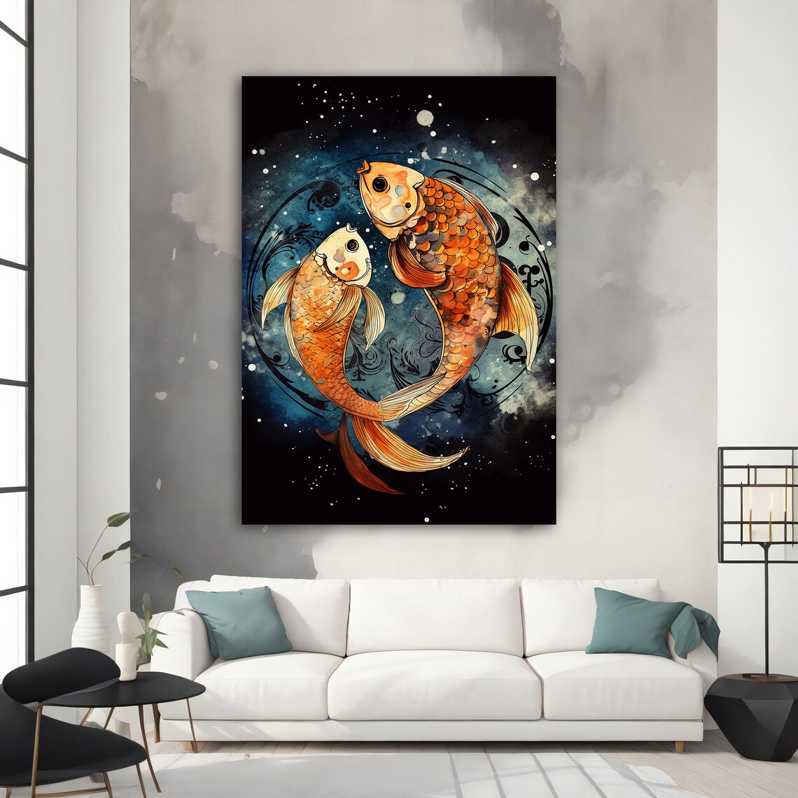 Two Orange Koi Fish Yin Yang Dark Teal Water Animal Art Poster - Image 3