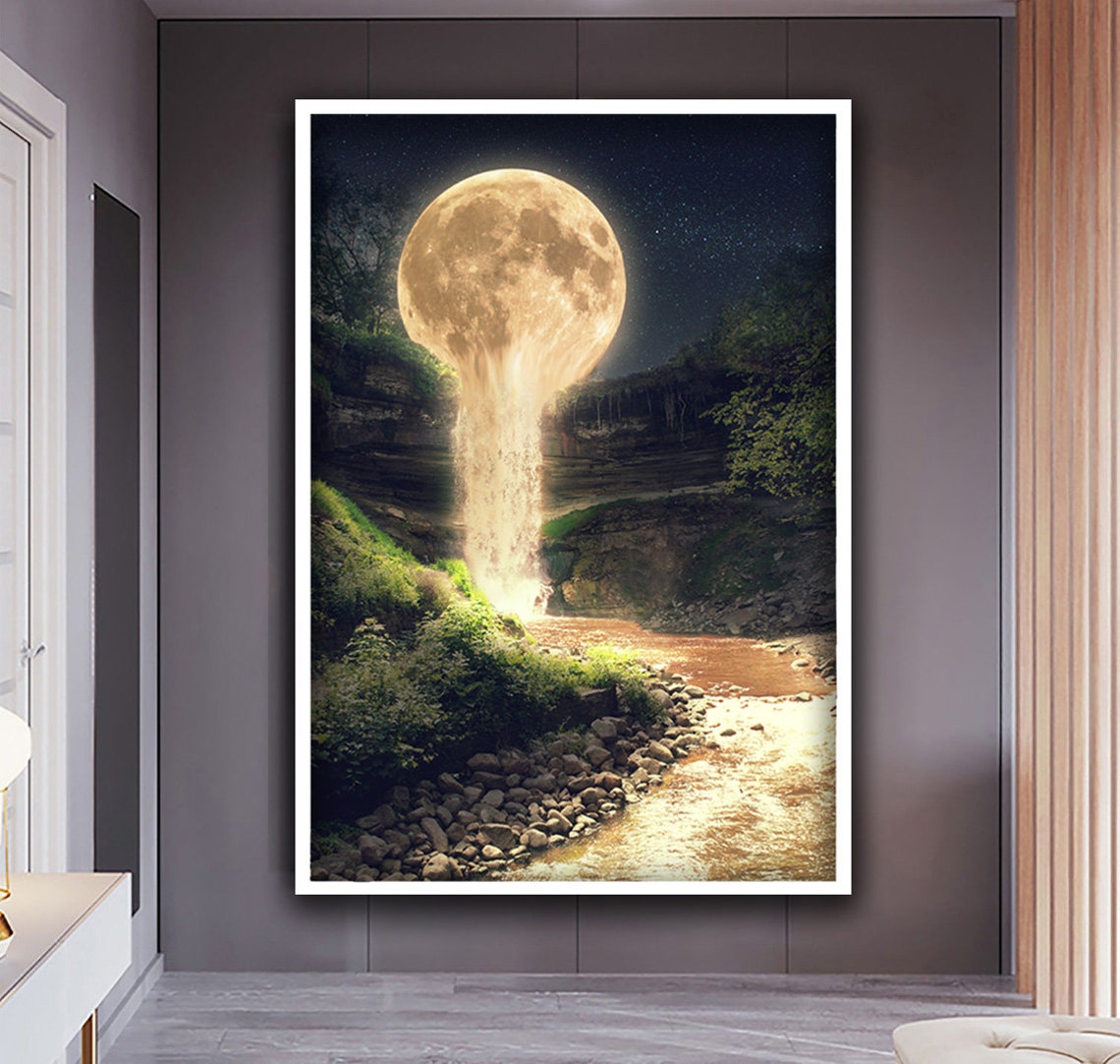 Melting Full Moon Waterfall Night Forest Surreal Dream Art Print - Image 4
