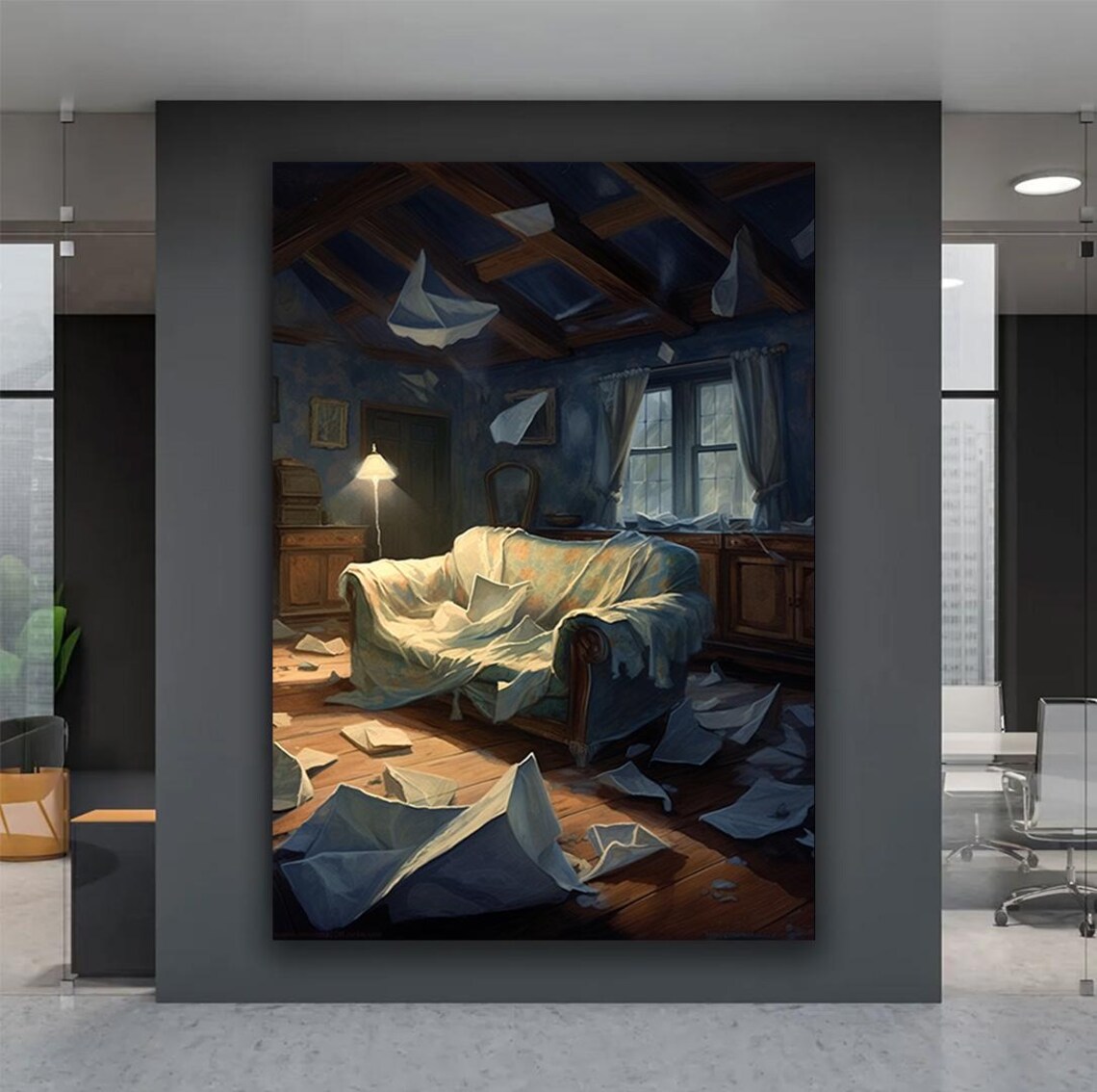 Abandoned Room Dust Sheet Furniture Moody Blue Interior Art Poster